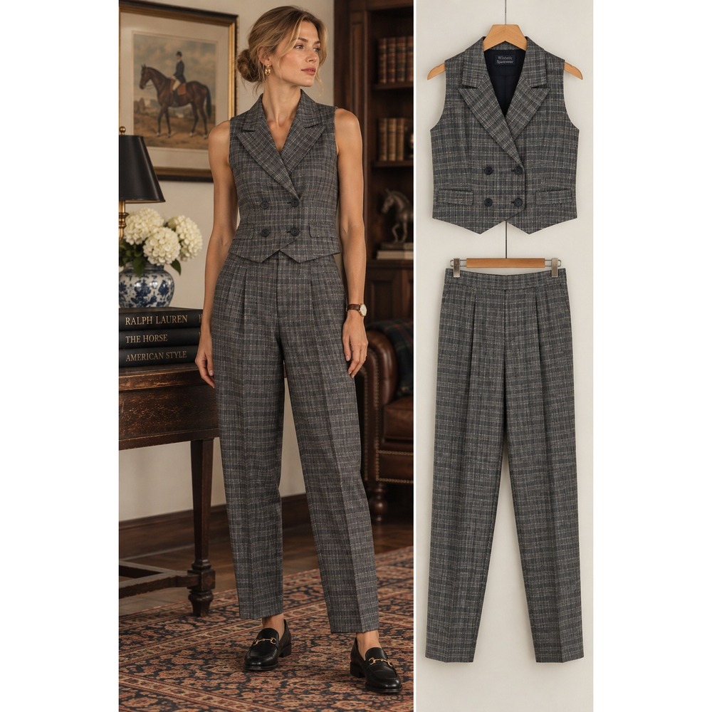 Vintage Plaid Vest and Pants Set Womens 14 Gray Dark Academia Preppy Co-ord